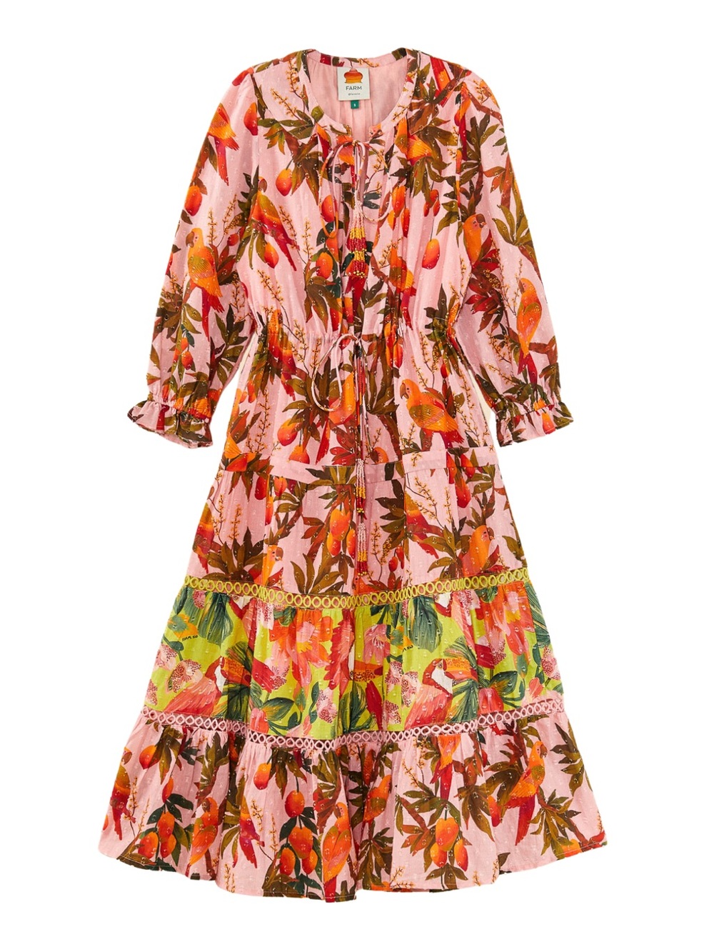 FARM Rio Pink Tropical Bird Midi Dress Beaded Tassels M